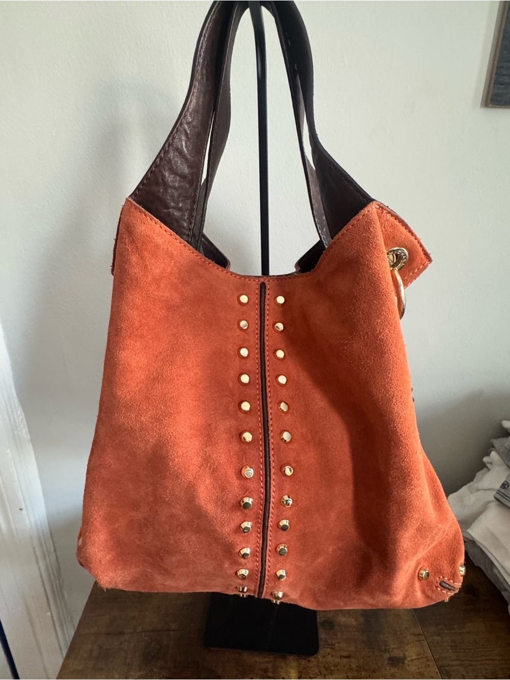 Michael Kors Orange Suede Studded Tote Bag with Gold Accents - Picture 5 of 7
